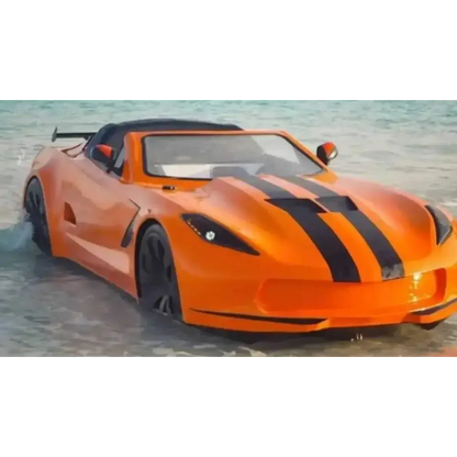 Orange convertible sports car with black racing stripes on Race Car Floating Jet Car Bed