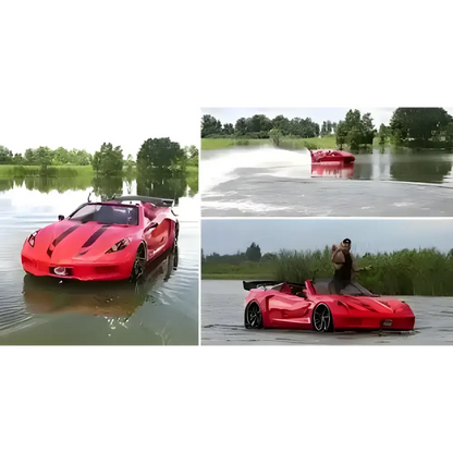 Red amphibious sports car on Race Car Floating Jet Car Bed for ultimate fun