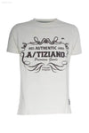 White t-shirt with vintage graphic.