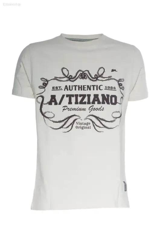 White t-shirt with vintage graphic.