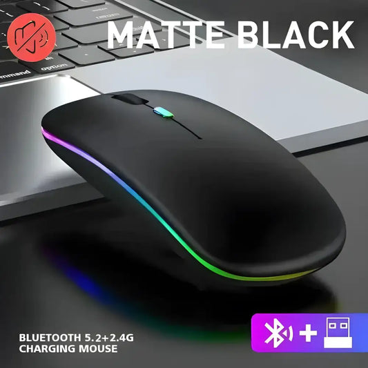 Matte black wireless mouse rechargeable with RGB lighting for a silent gaming experience