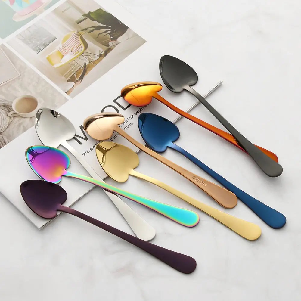 Colorful heart-shaped spoons perfect for desserts, featuring 1pc rainbow heart design