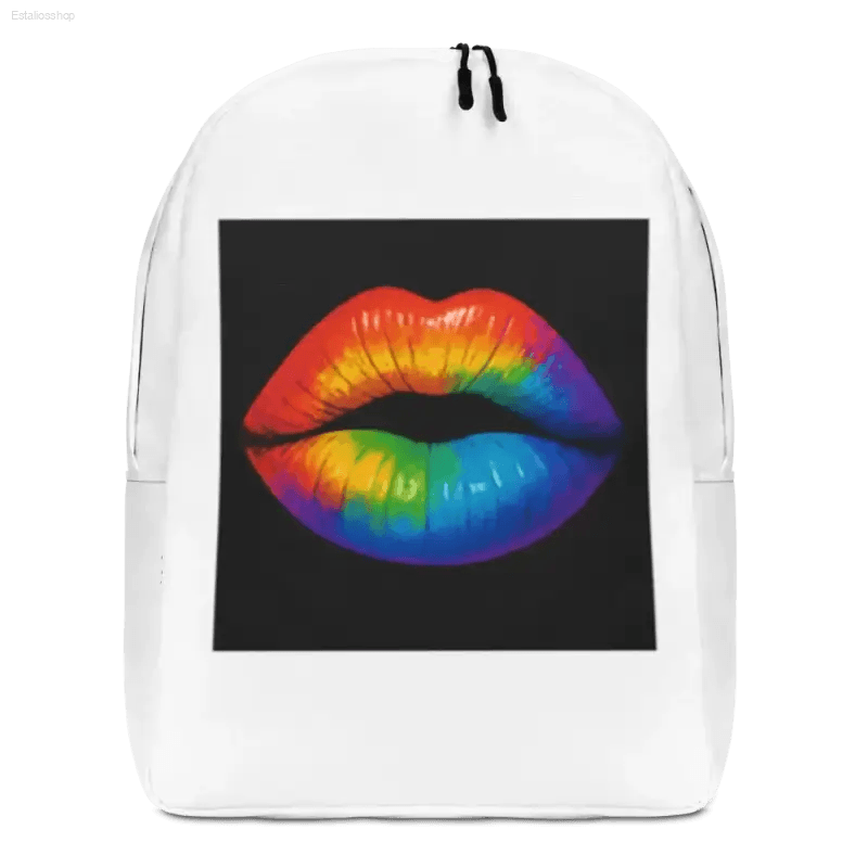 White drawstring backpack with rainbow lips.