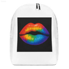 White drawstring backpack with rainbow lips.