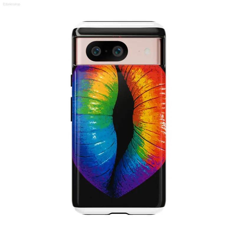 Smartphone with rainbow lips design.