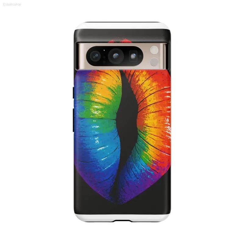 Smartphone with rainbow lips design.