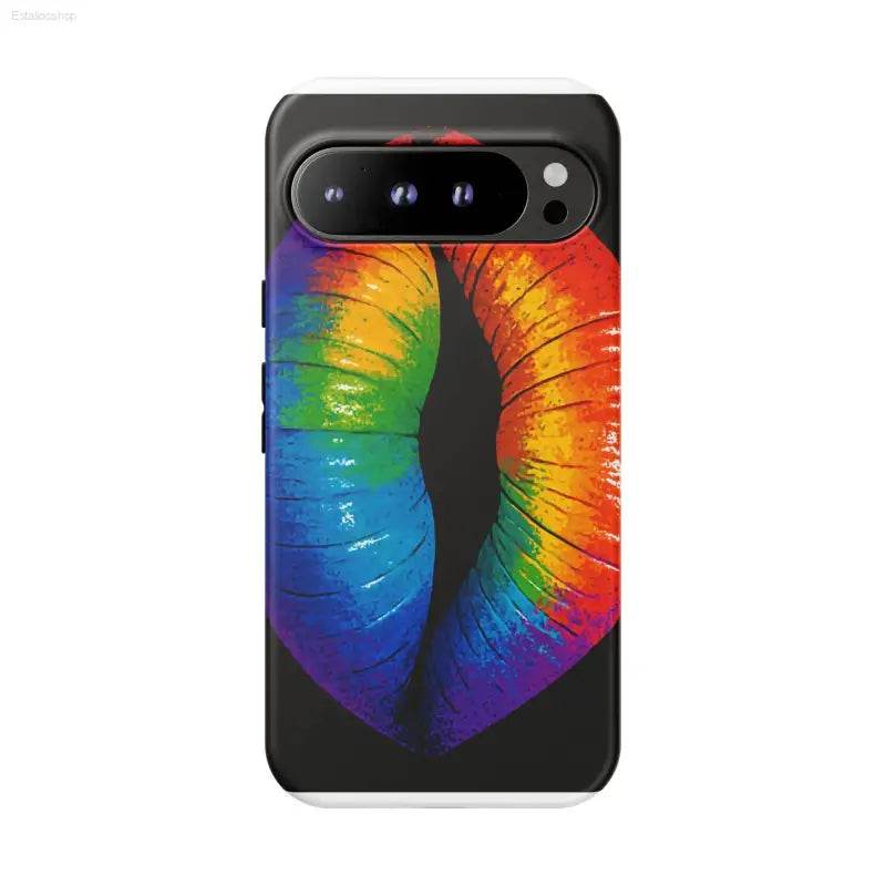 Smartphone with rainbow lips design.