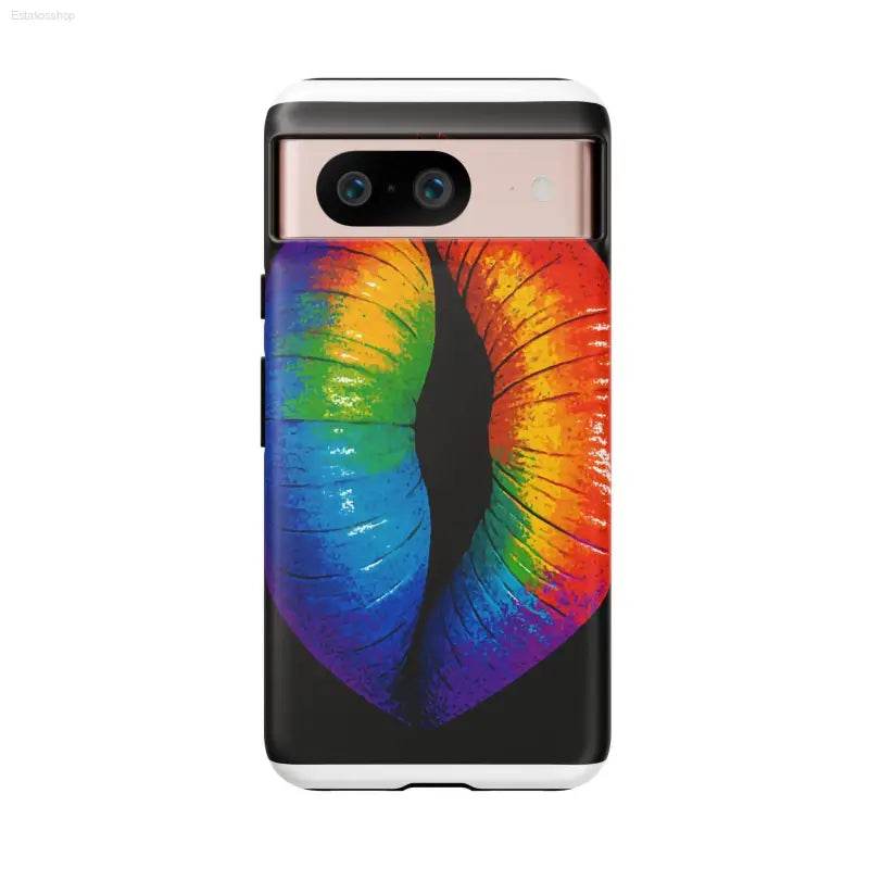 Smartphone with rainbow lips case.