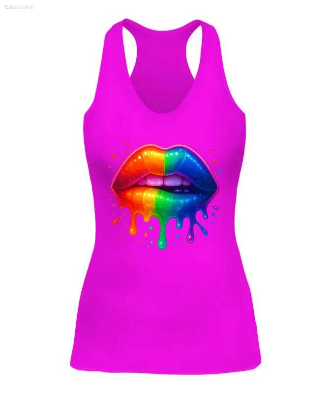 Magenta tank top with rainbow lips.