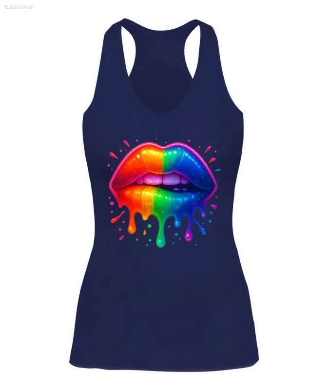 Navy tank top with rainbow lips graphic.