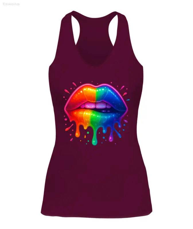 Maroon tank top with rainbow lips.