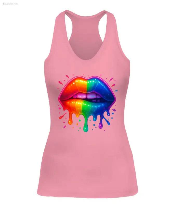 Pink tank top with rainbow lips graphic.