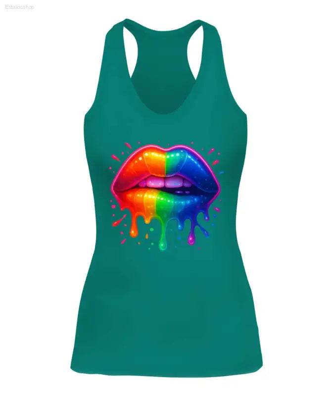 Teal tank top with rainbow lips.