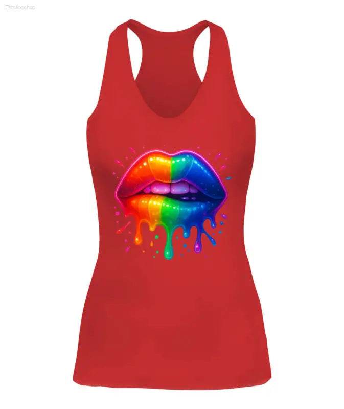 Red tank top with rainbow lips graphic.
