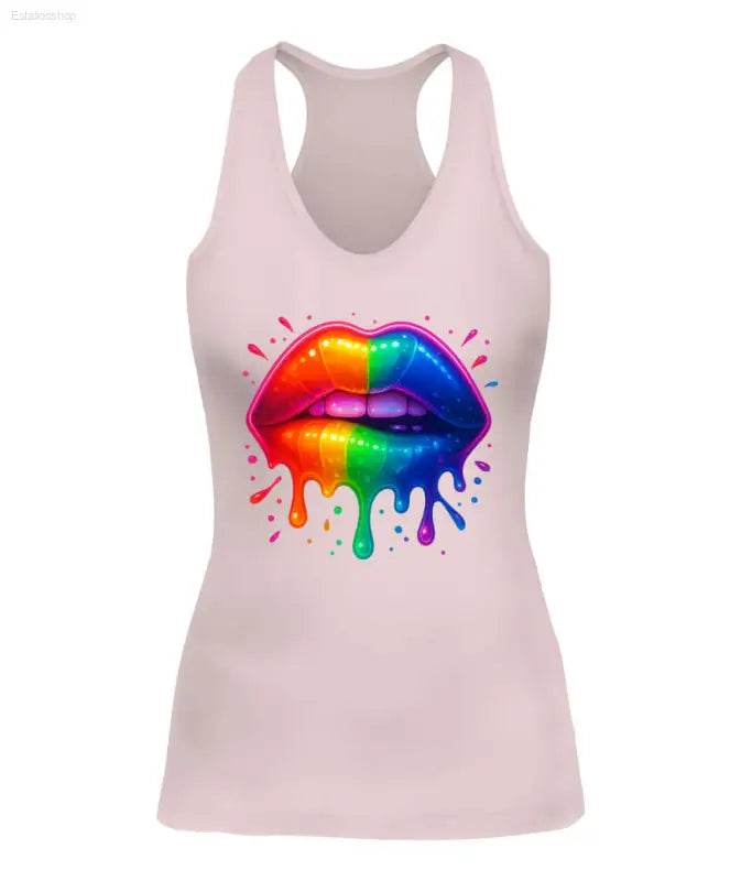 Pink tank top with rainbow lips graphic.