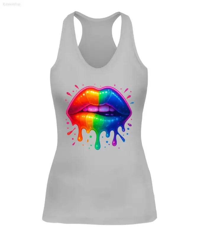 Gray tank top with rainbow lips graphic.
