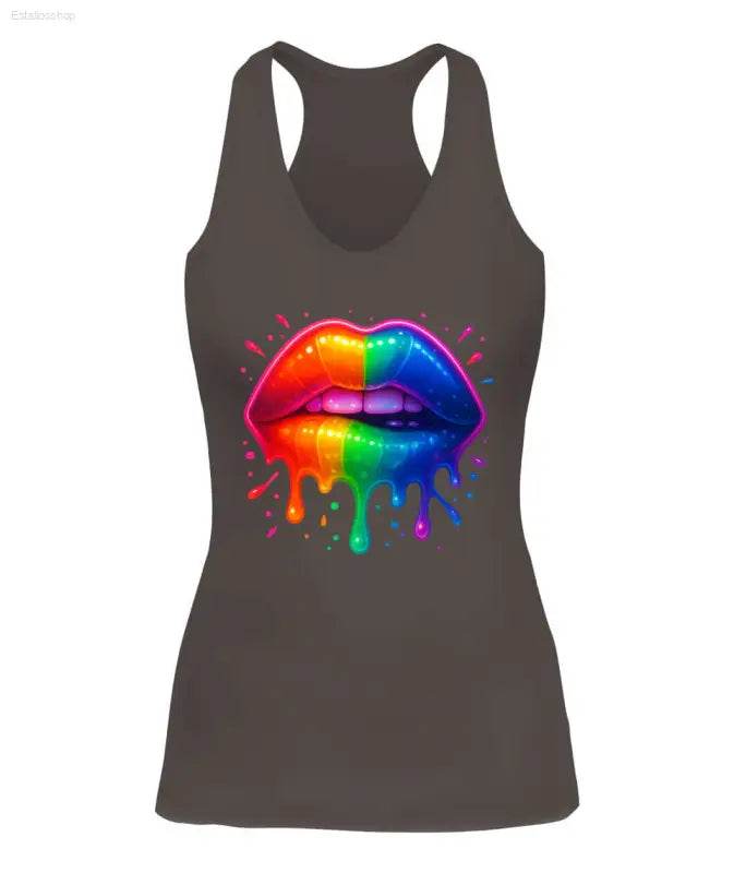 Gray tank top with rainbow lips graphic.