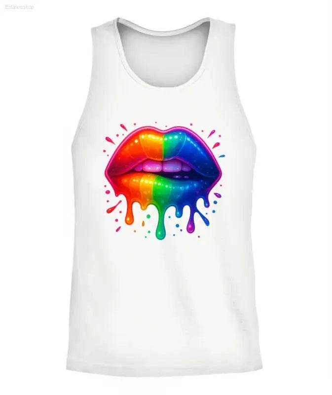 White tank top with rainbow lips graphic.