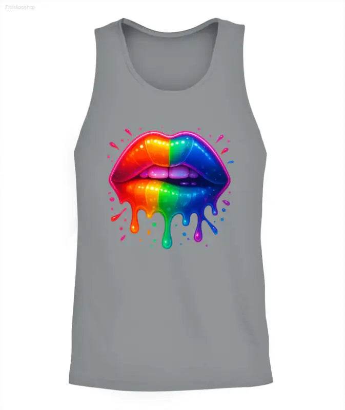 Gray tank top with rainbow lips graphic.