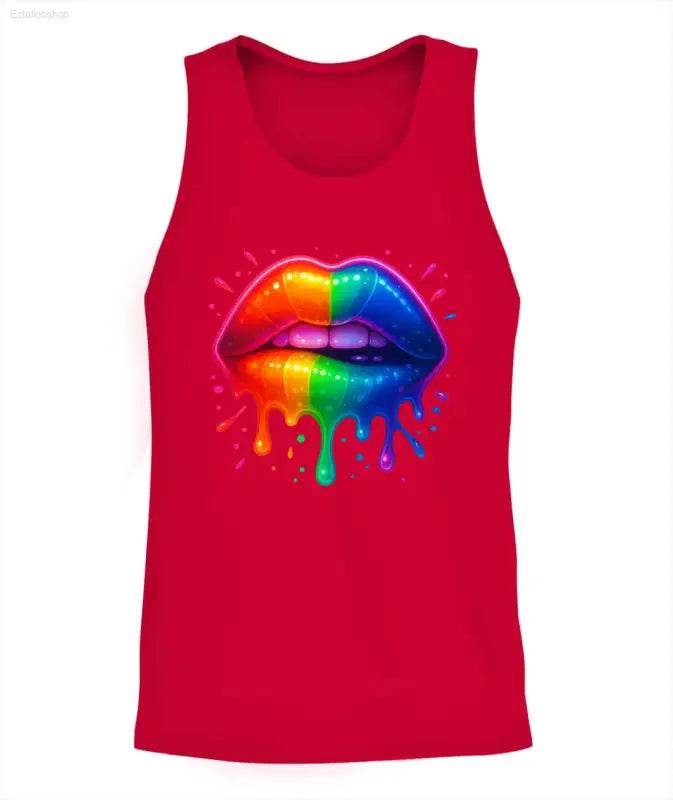 Red tank top with rainbow lips graphic.
