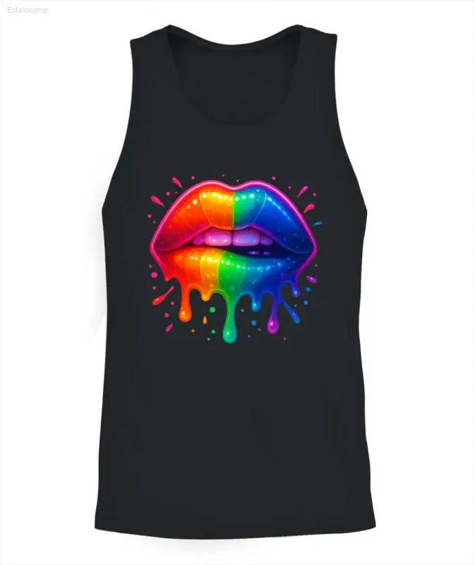 Black tank top with rainbow lips graphic.