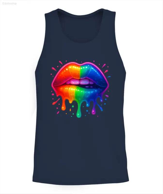 Navy tank top with rainbow lips graphic.