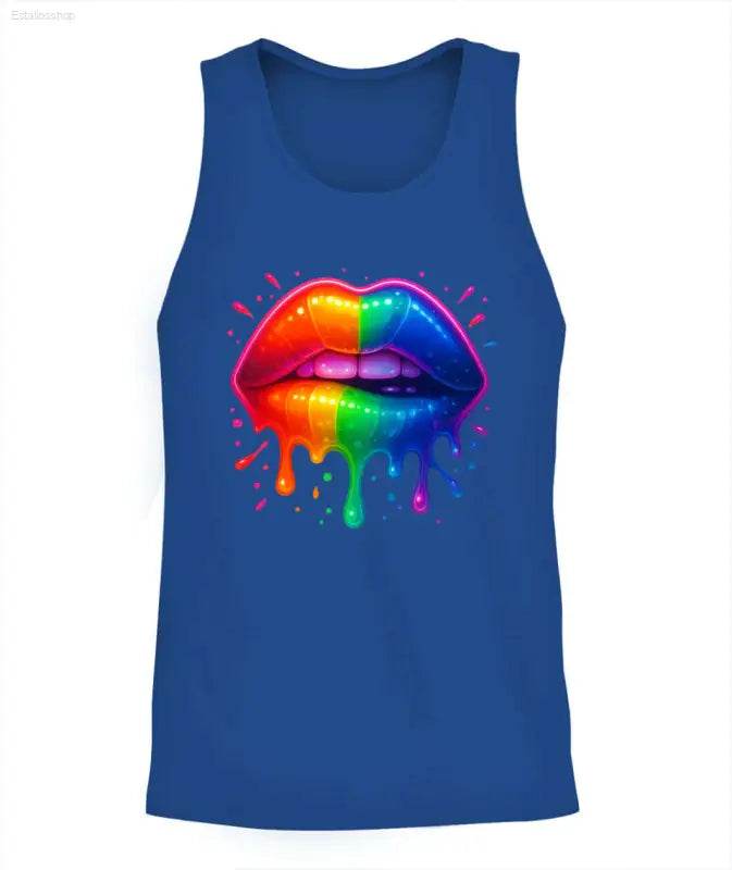 Blue tank top with rainbow lips graphic.