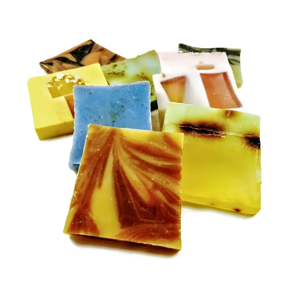 Colorful assortment of handmade soap bars in the Rainbow Vegan Soap Sampler