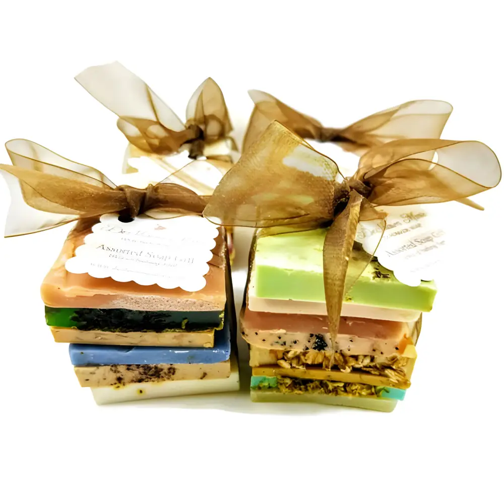 Vibrant Rainbow Vegan Soap Sampler with assorted stacked soap samples and ribbons