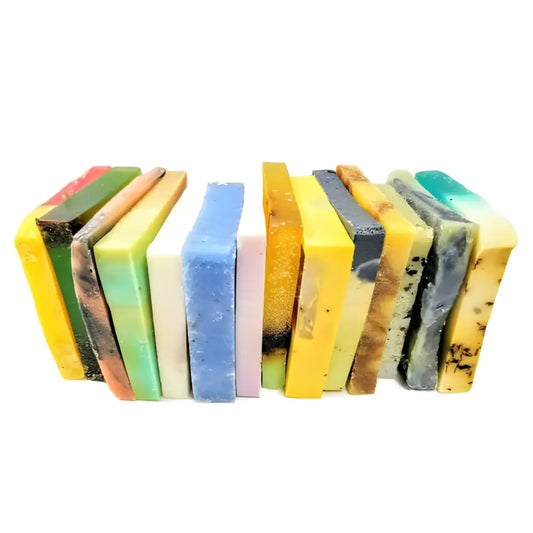 Colorful handmade soap bars in a Rainbow Vegan Soap Sampler for all-natural pampering