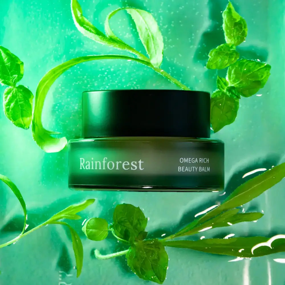 Green beauty balm jar from Rainforest Omega Rich for nourished skin and hydration