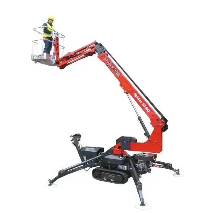 Man in basket on a Red Spider Boom Lift showcasing the 30m Towable Spider