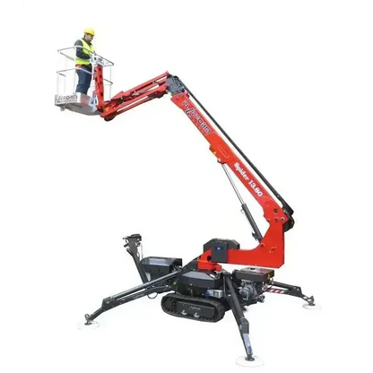 Man in basket on a Red Spider Boom Lift showcasing the 30m Towable Spider