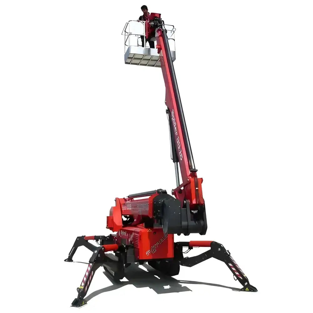 Man in a basket on a red 30m Towable Spider Boom Lift, perfect for reaching new heights