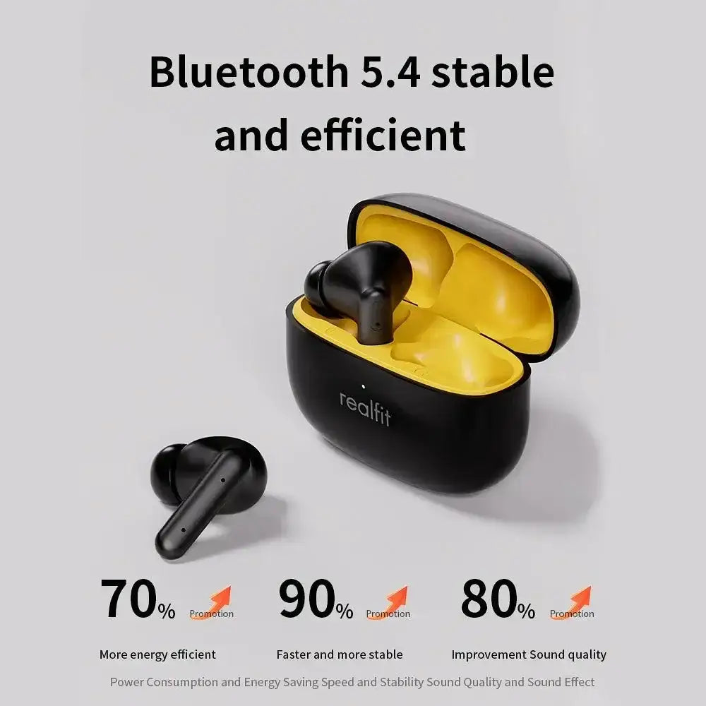 Black and yellow RealFit F3 ANC earbuds with charging case for noise cancellation