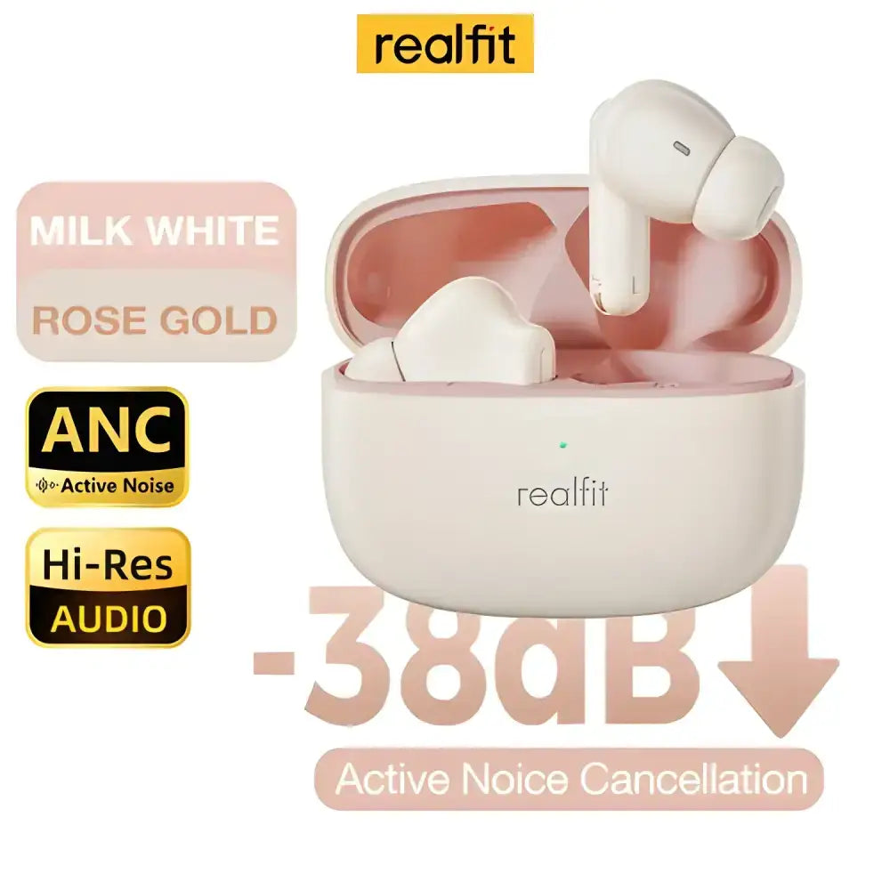 Milk white and rose gold RealFit F3 ANC earbuds with charging case for noise cancellation