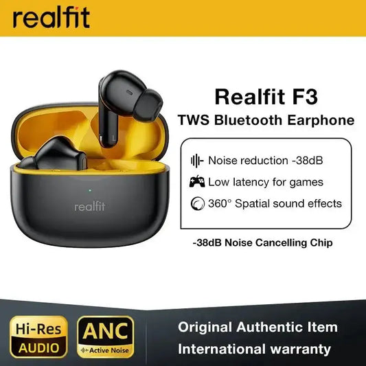 Black and yellow RealFit F3 ANC wireless earbuds with active noise cancellation