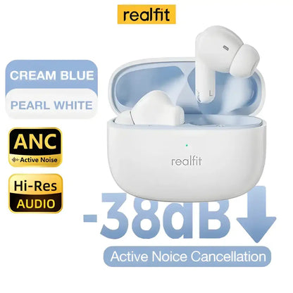 White RealFit F3 ANC wireless earbuds with charging case for top-notch noise cancellation