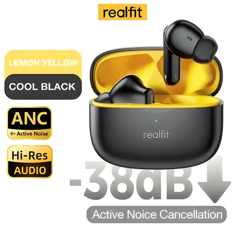 Black and yellow RealFit F3 ANC earbuds with charging case for noise cancellation on-the-go