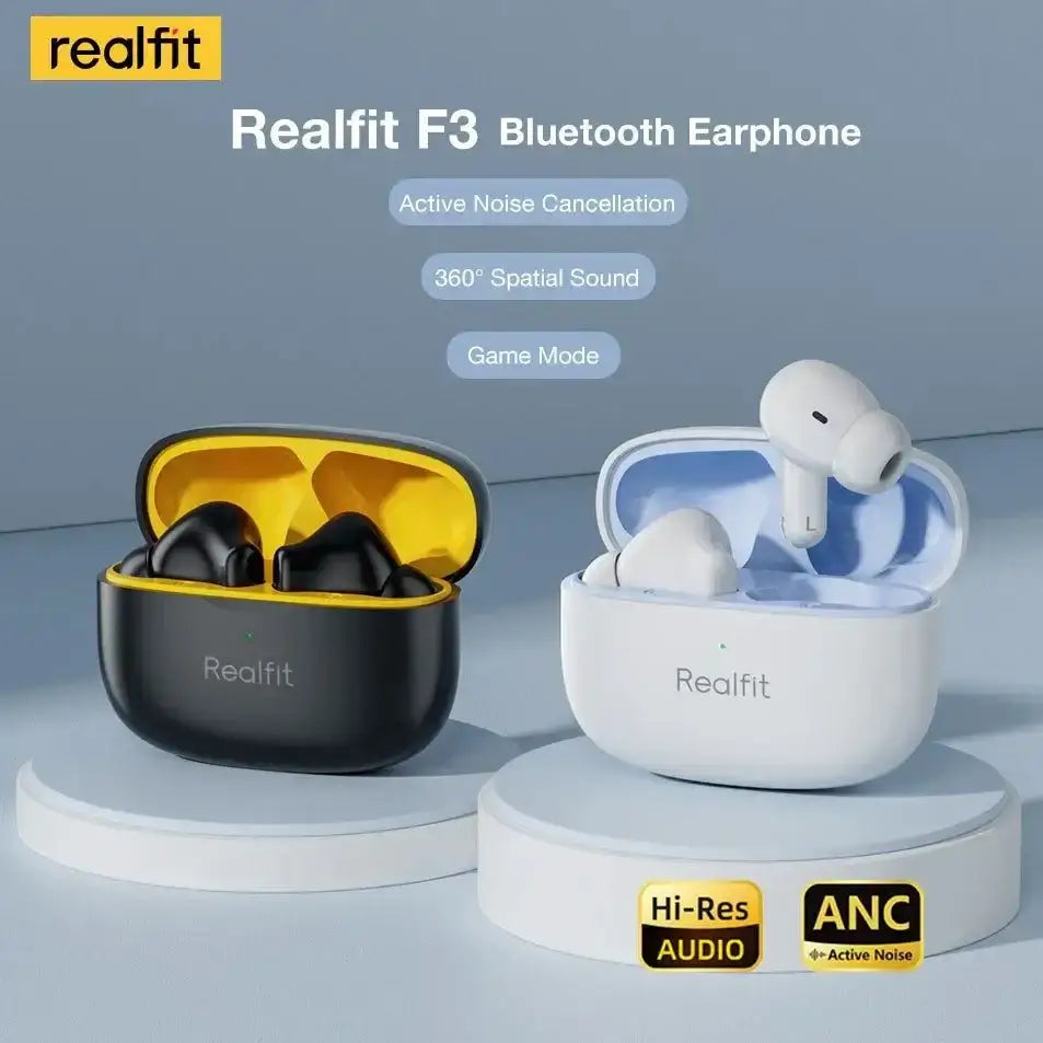 Two pairs of RealFit F3 ANC wireless earbuds with charging cases for noise cancellation