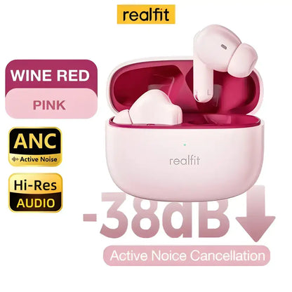 Pink and wine red RealFit F3 ANC earbuds with active noise cancellation for ultimate sound