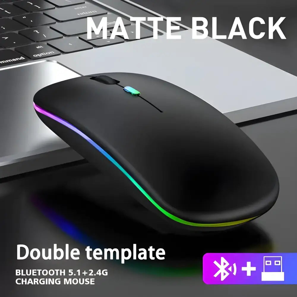 Matte black wireless mouse with RGB lighting for a sleek Bluetooth RGB rechargeable experience