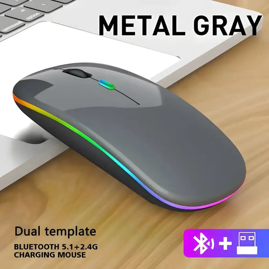 Metal gray Bluetooth RGB rechargeable mouse with cool lighting for wireless gaming