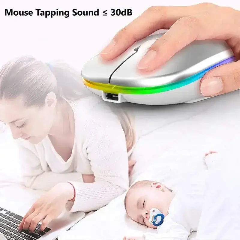 Silver Bluetooth RGB Rechargeable Mouse featuring a colorful LED strip