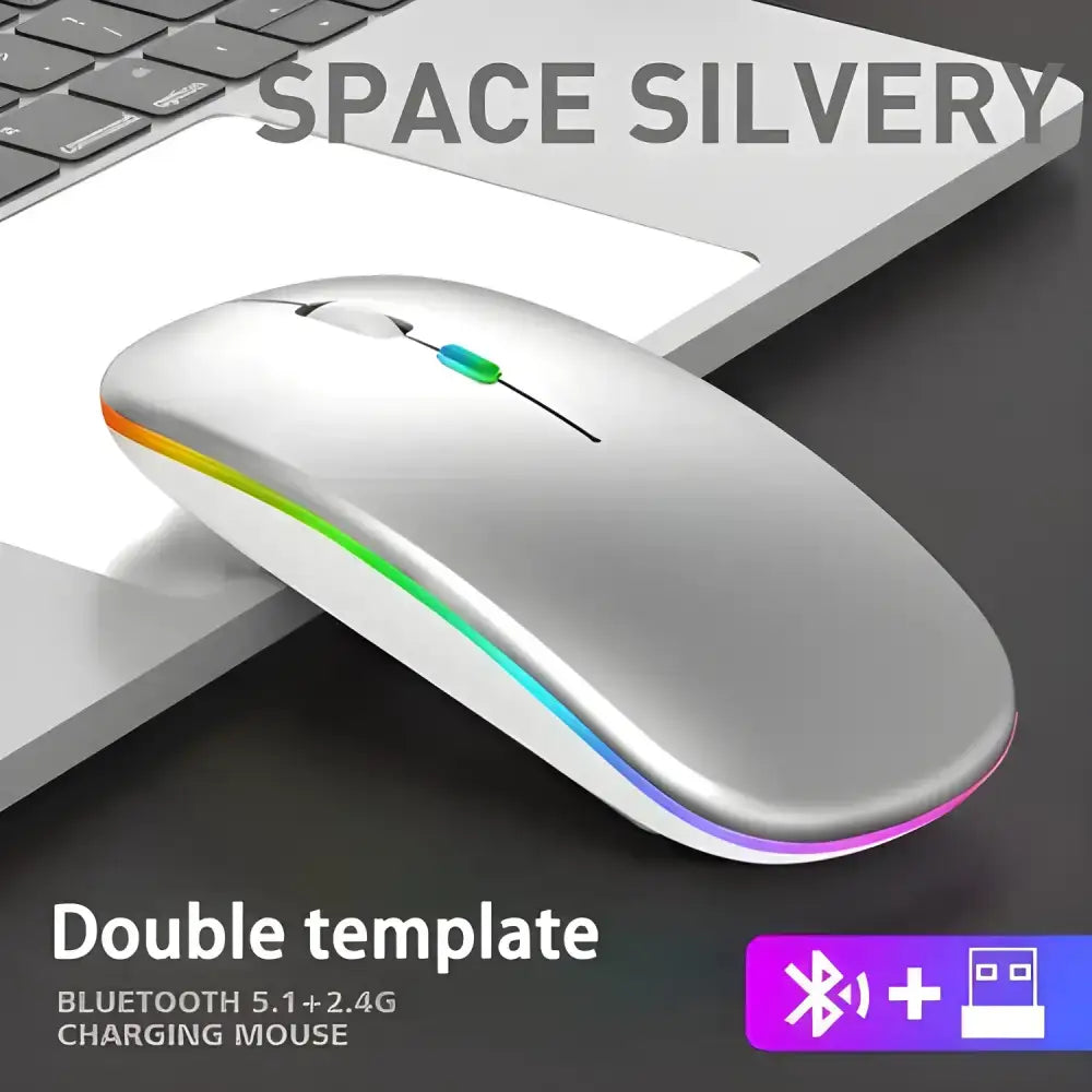 Silver Bluetooth RGB rechargeable mouse with vibrant edge lighting for stylish productivity