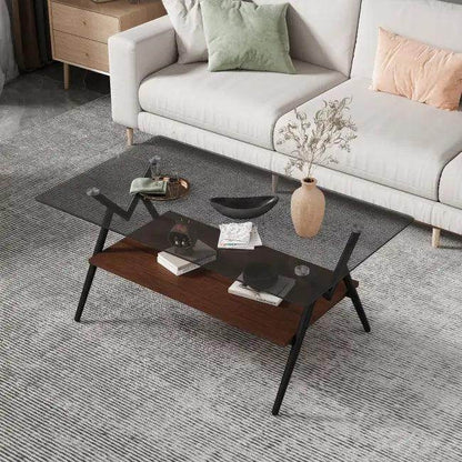 Vibrant Glass Coffee Table with Chic Wooden Shelf Design - Estalios