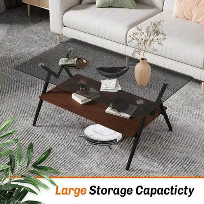 Vibrant Glass Coffee Table with Chic Wooden Shelf Design - Estalios