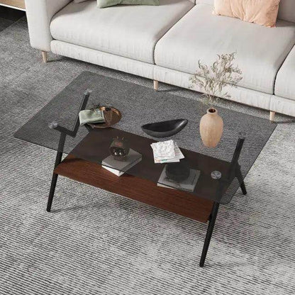 Vibrant Glass Coffee Table with Chic Wooden Shelf Design - Estalios