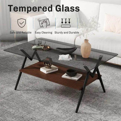 Vibrant Glass Coffee Table with Chic Wooden Shelf Design - Estalios