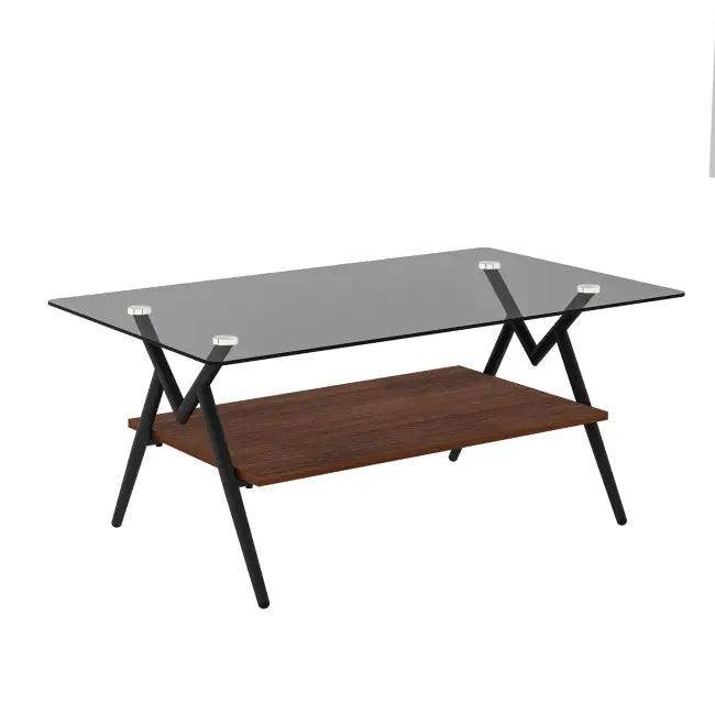 Vibrant Glass Coffee Table with Chic Wooden Shelf Design - Estalios